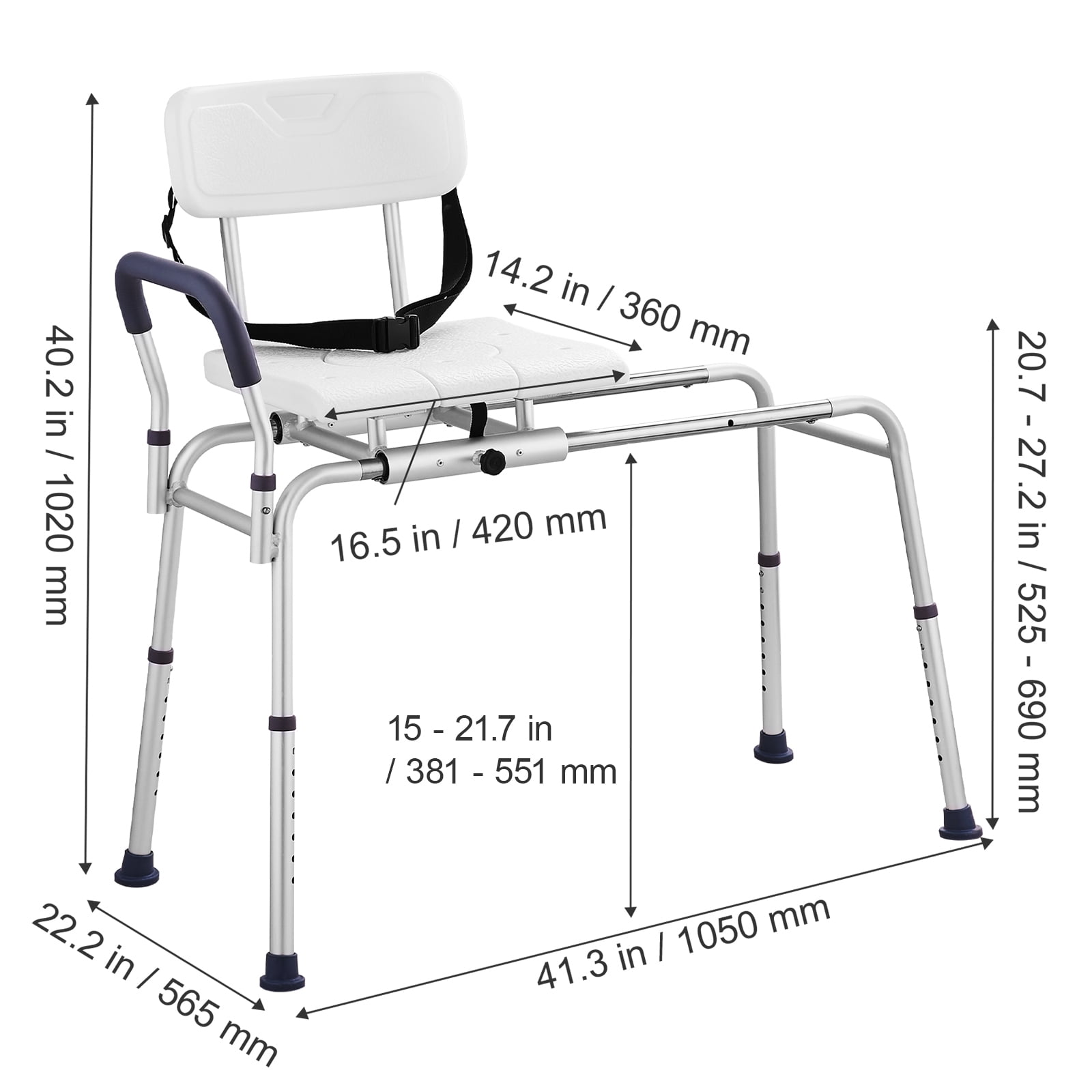 VEVOR Sliding Tub Transfer Bench, Height Adjustable Bathtub Transfer Bench with Cut-Out Seat, Reversible Backrest & Safety Belt,400LBS Capacity
