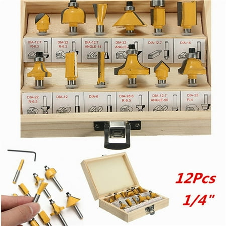 

Tangnade Household tools 12PC 1/4 Professional Shank Tungsten Carbide Router Bit Set With Wood Box Case Yellow one size