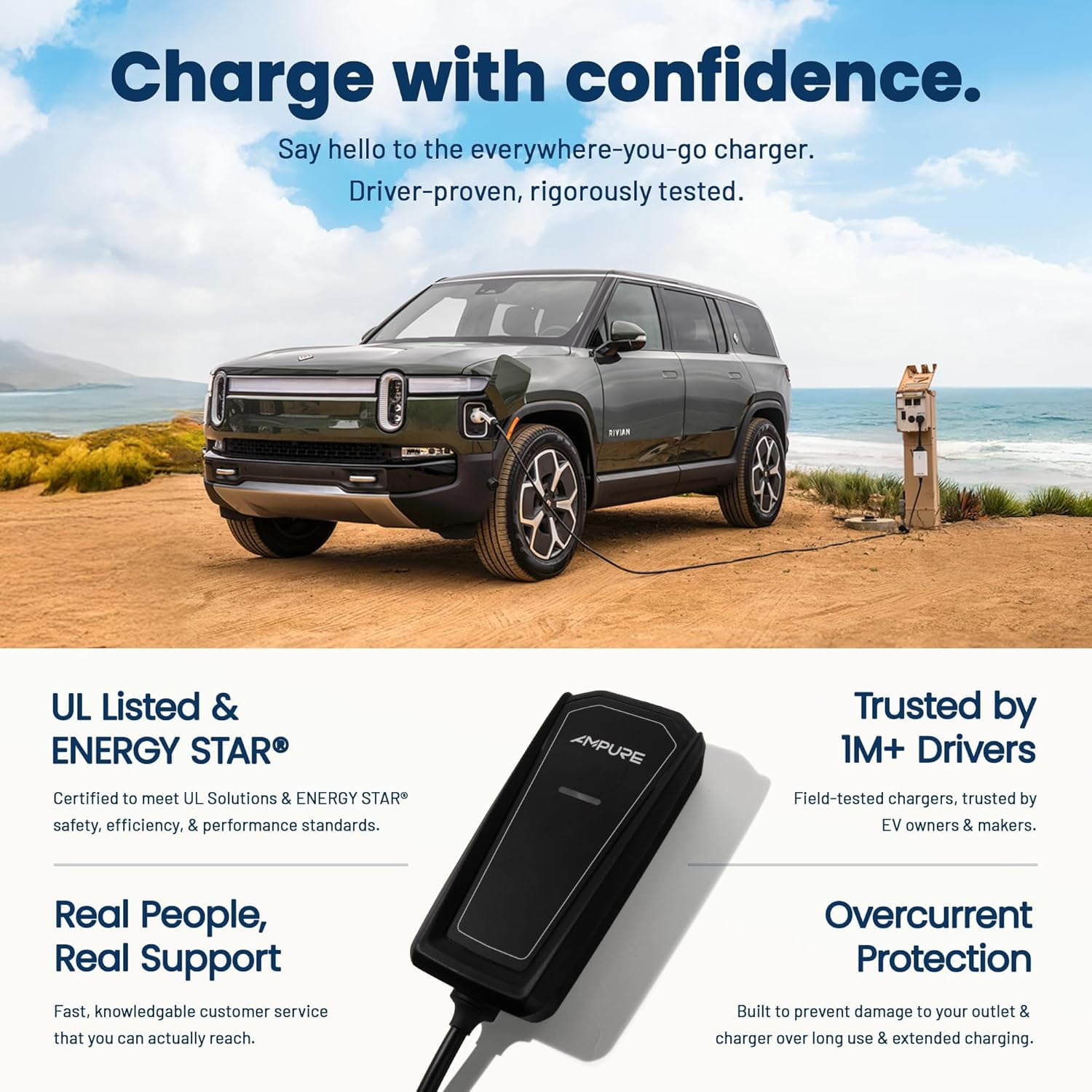 Ampure Go Level 2 Portable EV Charger, 32 Amp, SAE J1772, NEMA 14-50 Plug, 20ft Cable, Compatible with All J1772 EVs