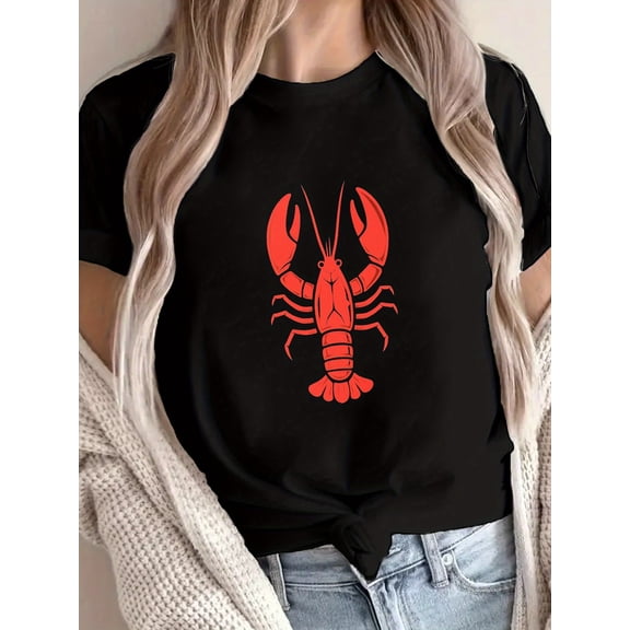Cute & Funny Red Lobster Graphic T-Shirt for Women, Summer Beach Ocean Animal Print Casual Tee Top