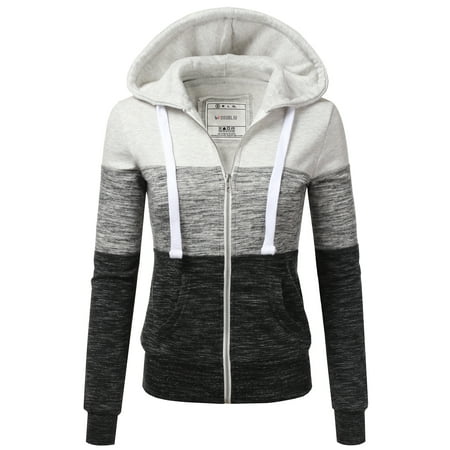 Doublju 3 Color Block Fleece Basic Zip-Up Hoodie Jacket
