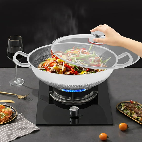 410 Stainless Steel Wok with Glass Lid, Rivetless Honeycomb Surface for Scratch Resistance, Lightweight 4.78lbs for Daily Use