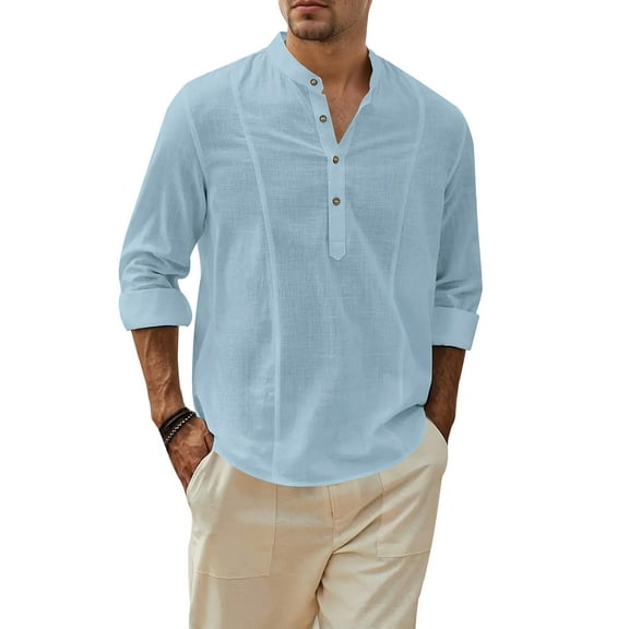 Men's 100% Cotton Henley Shirt: 3/4 Roll - Up Sleeves, Breathable for Beach & Casual Outings