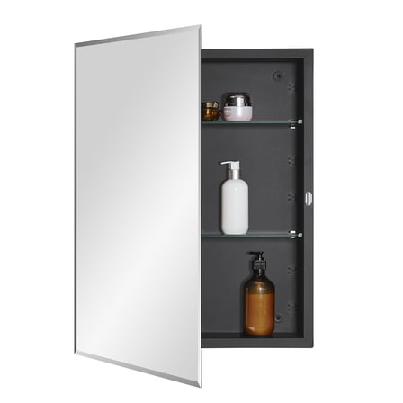 Black Bathroom Medicine Cabinet with Beveled Edge Mirrored Door 20 x 26 inch, Recessed or Surface Mount, with Adjustable Glass shelves