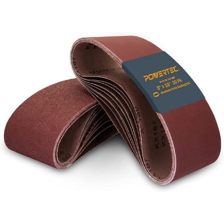 UPC: 0843441105497 | POWERTEC 3 x 18 inch Sanding Belts – 20 PK | 5 Each of 40 60 80 120 Grits Aluminum Oxide Sanding Belt Assortment for Belt Sander  110802