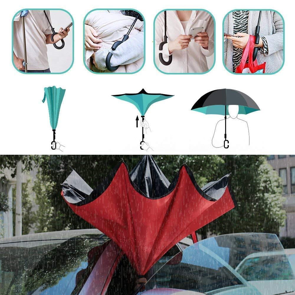 Cat Cartoon Double Layer Inverted Umbrella with C-Shaped Handle Anti-UV Waterproof Windproof Straight Umbrella for Car Rain Outdoor Use
