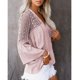 thumbnail image 2 of Camisa de crochet informal para mujer, cuello en V, mangas largas acampanadas, blusa suelta informal, transpirable y amigable con la piel, para uso diario, Rosa S, 2 of 5