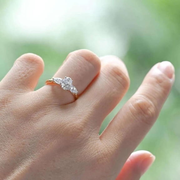 vylahjewellery Dainty Moissanite Oval Cut Valentine Ring Three Stone Vermeil Yellow Gold Engagement Anniversary Ring Pear Side Stones Wedding Promise Ring