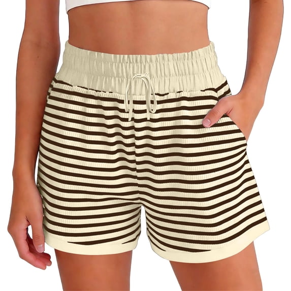 Hueook Athletic Shorts Summer Shorts Women’s Fashion Striped Pocket Loose Tight Waist Loose Shorts Yellow L