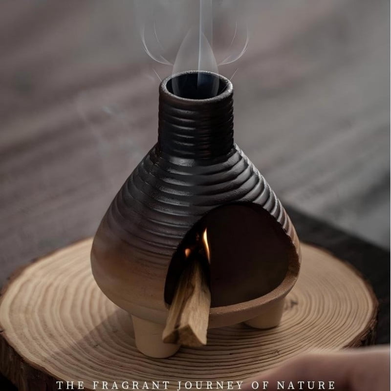 Vintage Terracotta Palo Santo Holder Incense Burner - Handcrafted Clay Stove Design Holder for Holy Wood Sticks/Cones | Boho Retro Home Decor for Energy Cleansing, Meditation-Brown