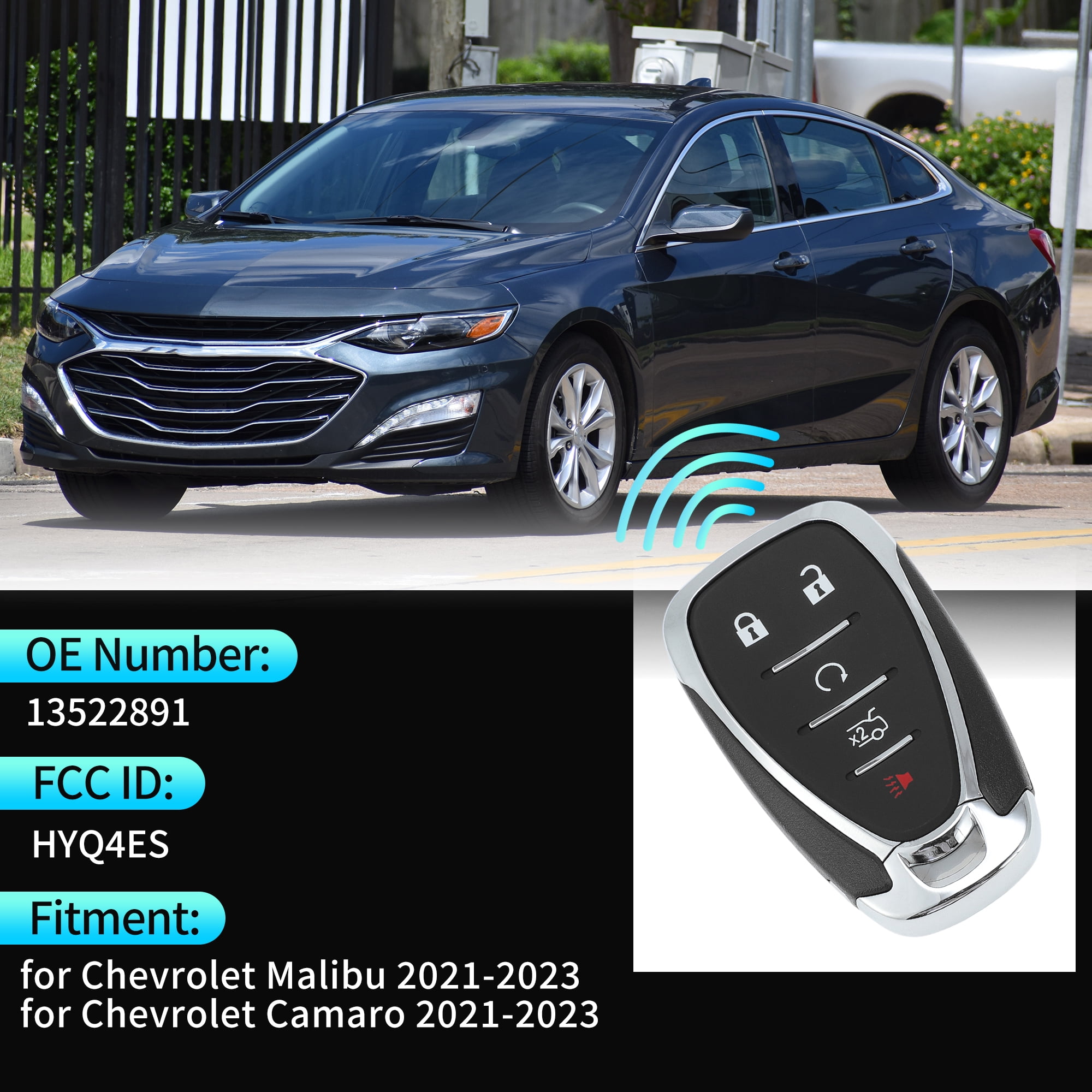 HYQ4ES 433 MHz Replacement Keyless Entry Remote Smart Key Fob for Chevrolet Malibu Camaro 2021 2022 2023 No.13522891 5 Buttons