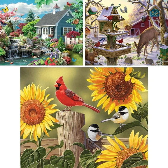 Bits and Pieces Set of 3 200 Piece Jigsaw Puzzle Dream Landscape Sunflower Birds Sunrise 15" x 19”
