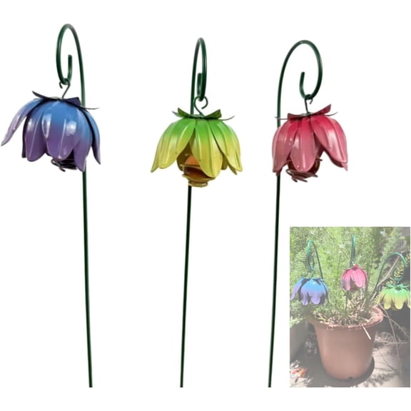 Metal Flower Stakes, Set of 3 Flower Garden Stakes with Crystal Suncatcher Ball, Colorful Outdoor Decorative Yard Sticks for Patio Lawn Garden