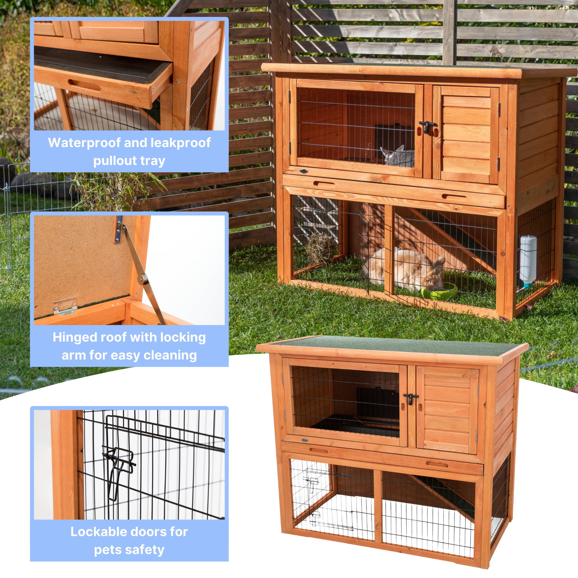 TRIXIE Weatherproof Outdoor 2-Story Wooden Small Animal Hutch with Run & Pull-Out Tray, Brown
