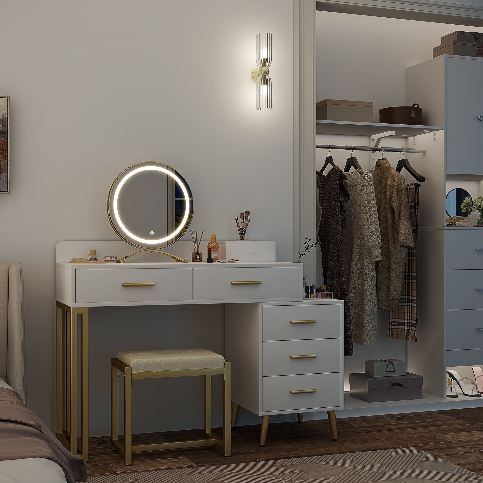 Homieasy White Vanity Desk with Mirror and Lights, Modern Makeup Vanity Table Set with 6 Storage Drawers and Cushioned Stool for Bedroom, Dressing Table with Divided Organizers for Women , White