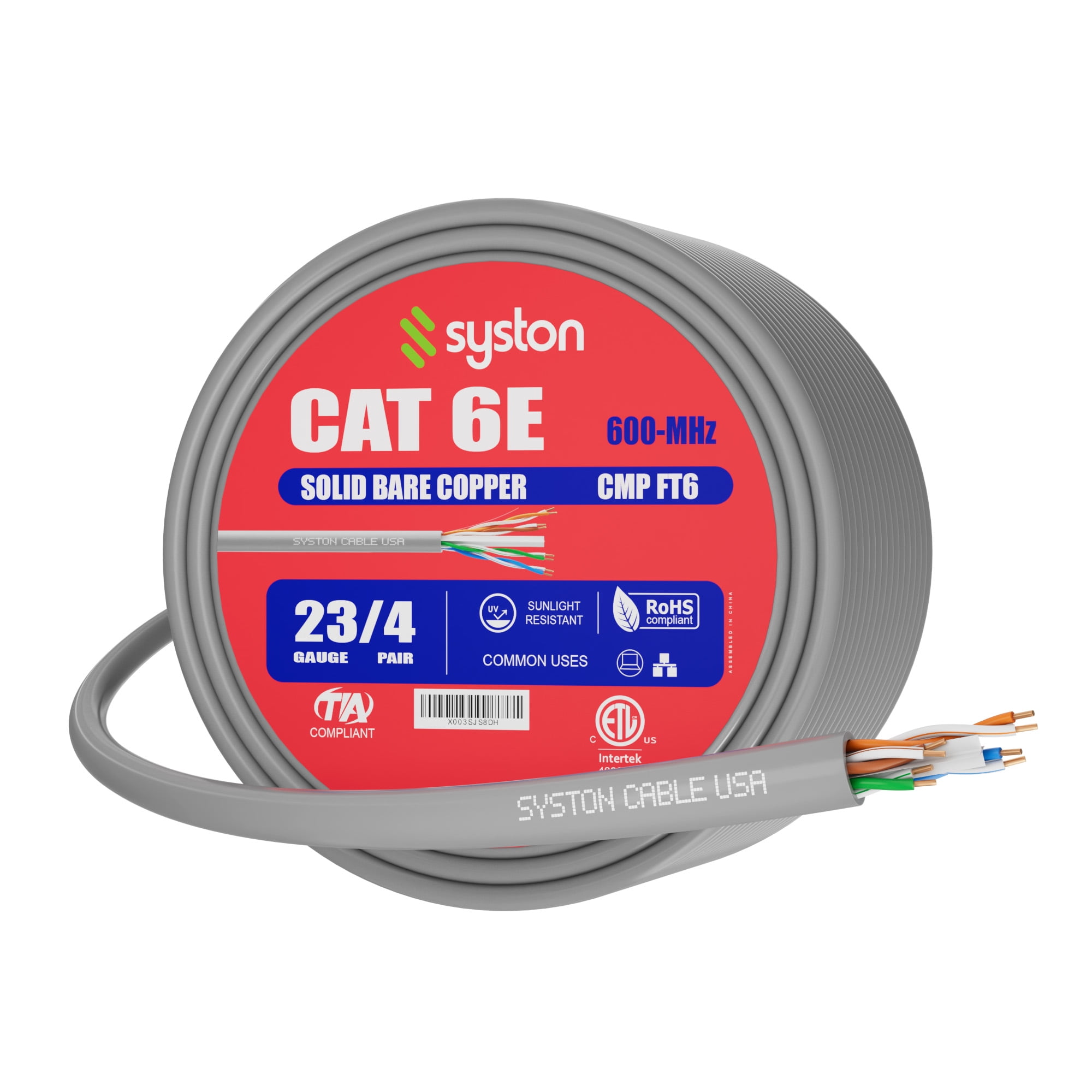 SYSTON CABLE TECHNOLOGY Cat 6E Ethernet Network Cable - 300 FT, 600MHz 23AWG Solid Bare Copper Wire Outdoor/Indoor, Bulk No Ends 10 Ft to 1000 Ft Available, Heat Resistant Plenum Rated - CMP