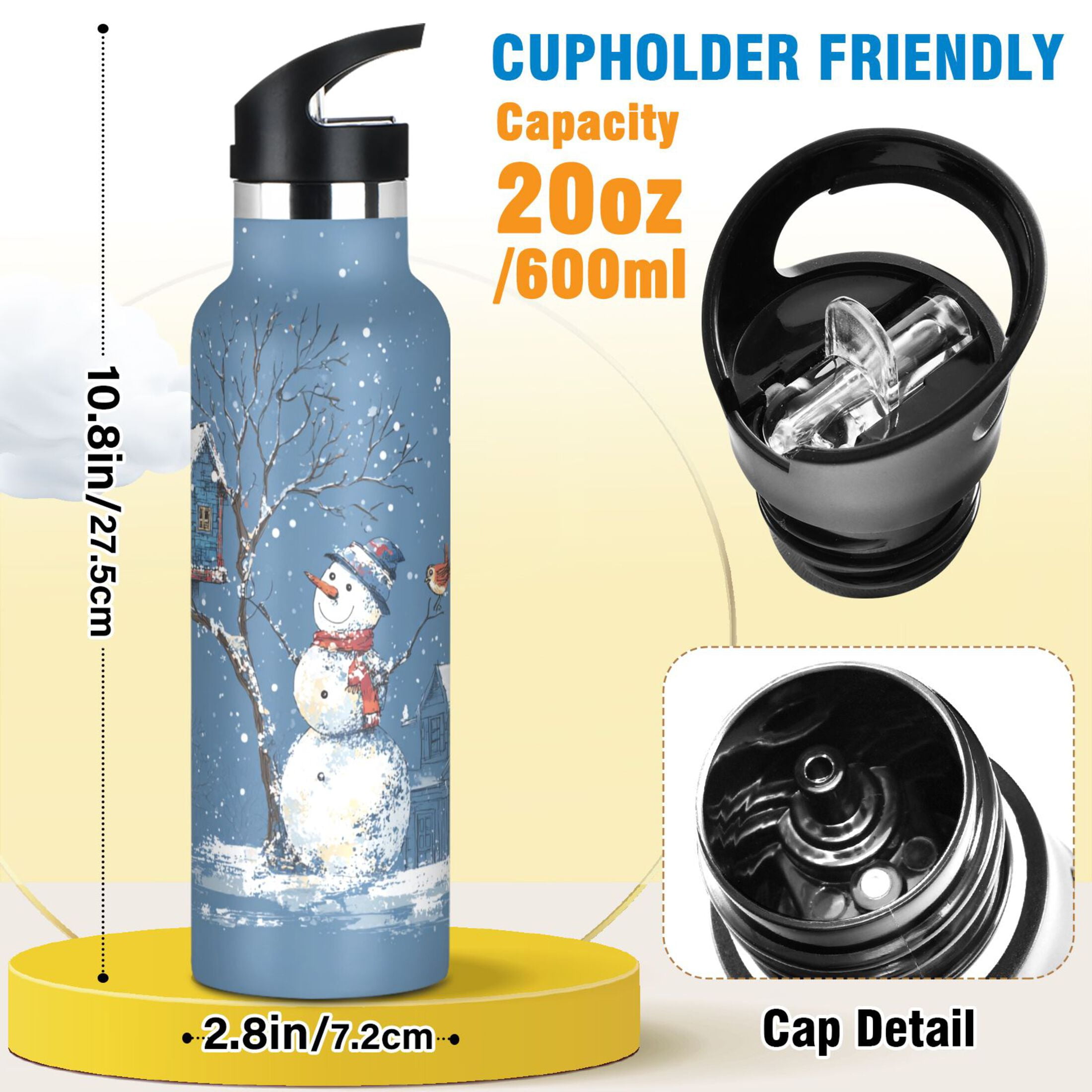 600ML Stainless Steel Insulated Cup Sports Water Bottle Portable Thermos Cup Water Glasses Insulated Tumblers Convenient and Durable Christmas Snowman and Bird Cartoon