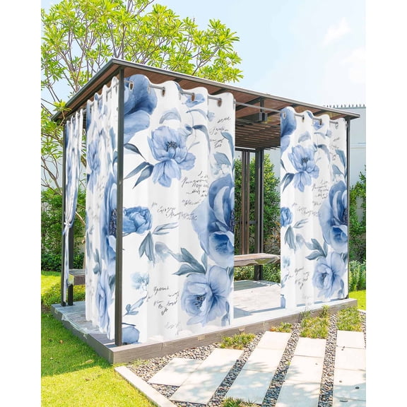 nqOlkjepod Outdoor Curtains for Patio Waterproof, Blue Ombre Flowers Outdoor Privacy Panels Grommet, Simple Country Spring Botanical Plant Blackout Outside Curtains for Porch/Cabana 54"x84", 1 Panel
