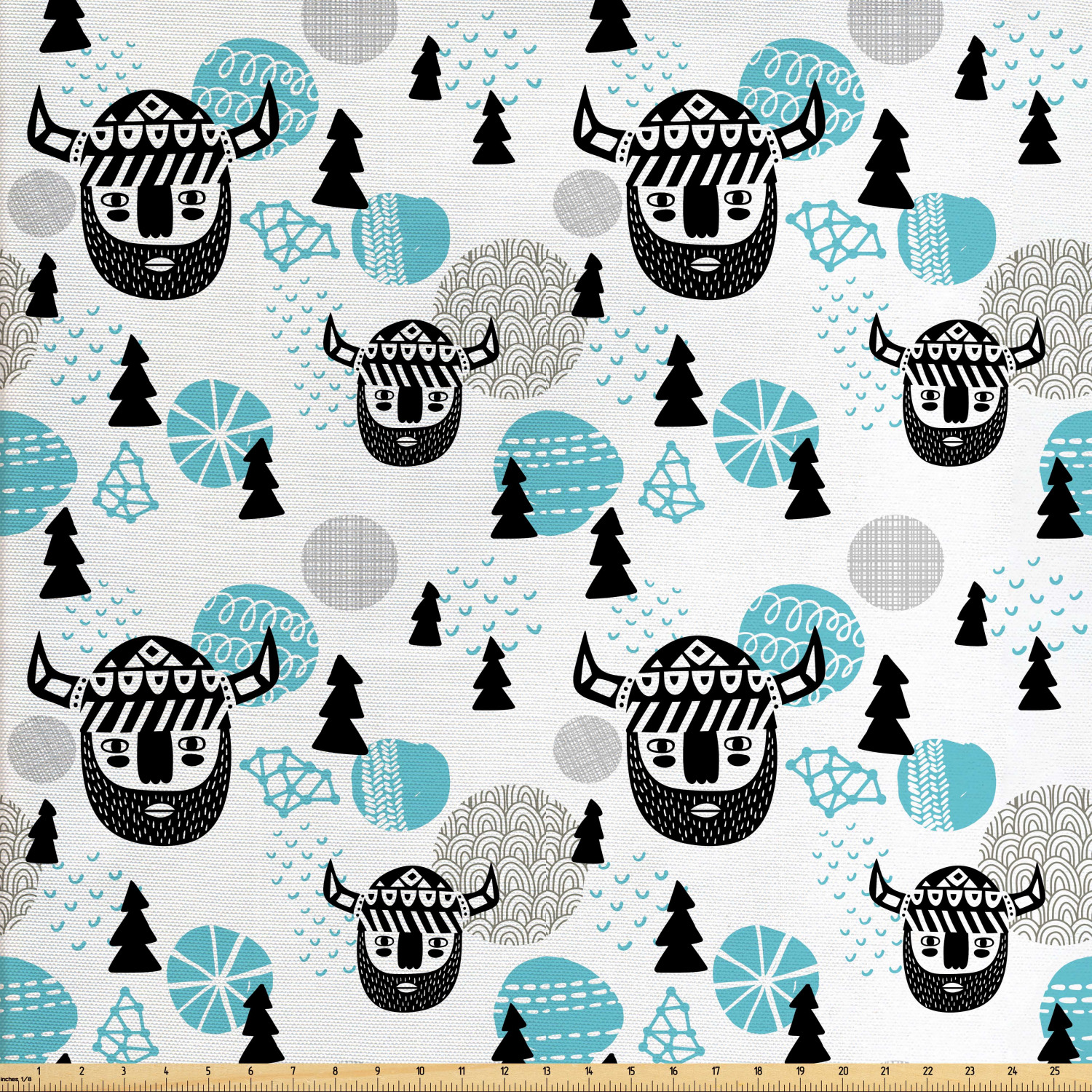 Vikings Fabric by The Yard, Pattern with Viking Faces Trees and