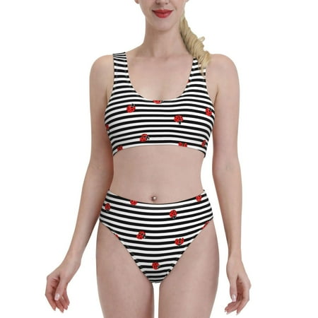 Bixox Ladybugs on Black and White Striped Pattern Two-Piece Sports Bikini with U-Shaped Top and High-Waist Bottom - Women s Swimwear with Removable Bra Pads