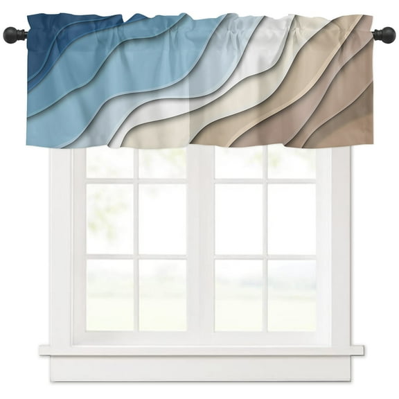Hokiten Rod Pocket Curtain Valance, Blue White Brown, Farmhouse Window Valance for Living Room, Bedroom, Kitchen Abstract Modern Ocean Seawaves Geometric Art 54"W x 18"L