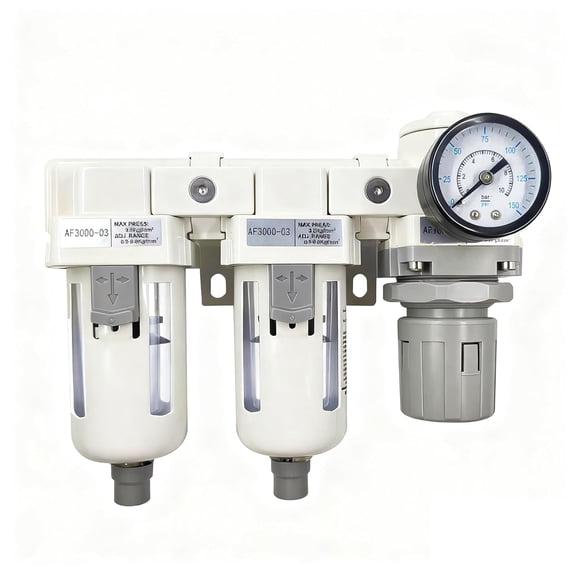 3/8" NPT Compressed Air Filter Regulator Lubricator (FRL) Combo, Water/Oil Trap Separator, Air Pressure Regulator with Pressure Gauge(0-150 psi), Semi-Auto Drain, Poly Bowl, Metal Bracket