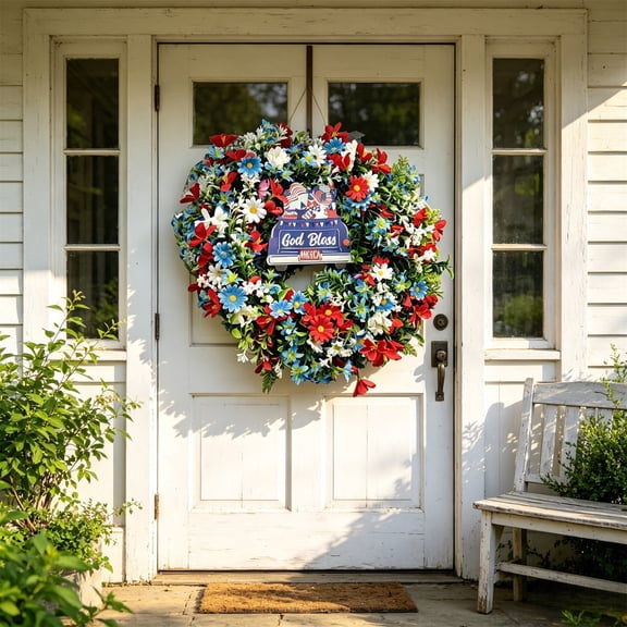 Gallickan 4th Of July Flower Wreath For Front Door, Independence Day Red White Blue Wreath 17.72’’, Americana Floral Wreath Patriotic Decorations for Memorial Day Flag Day