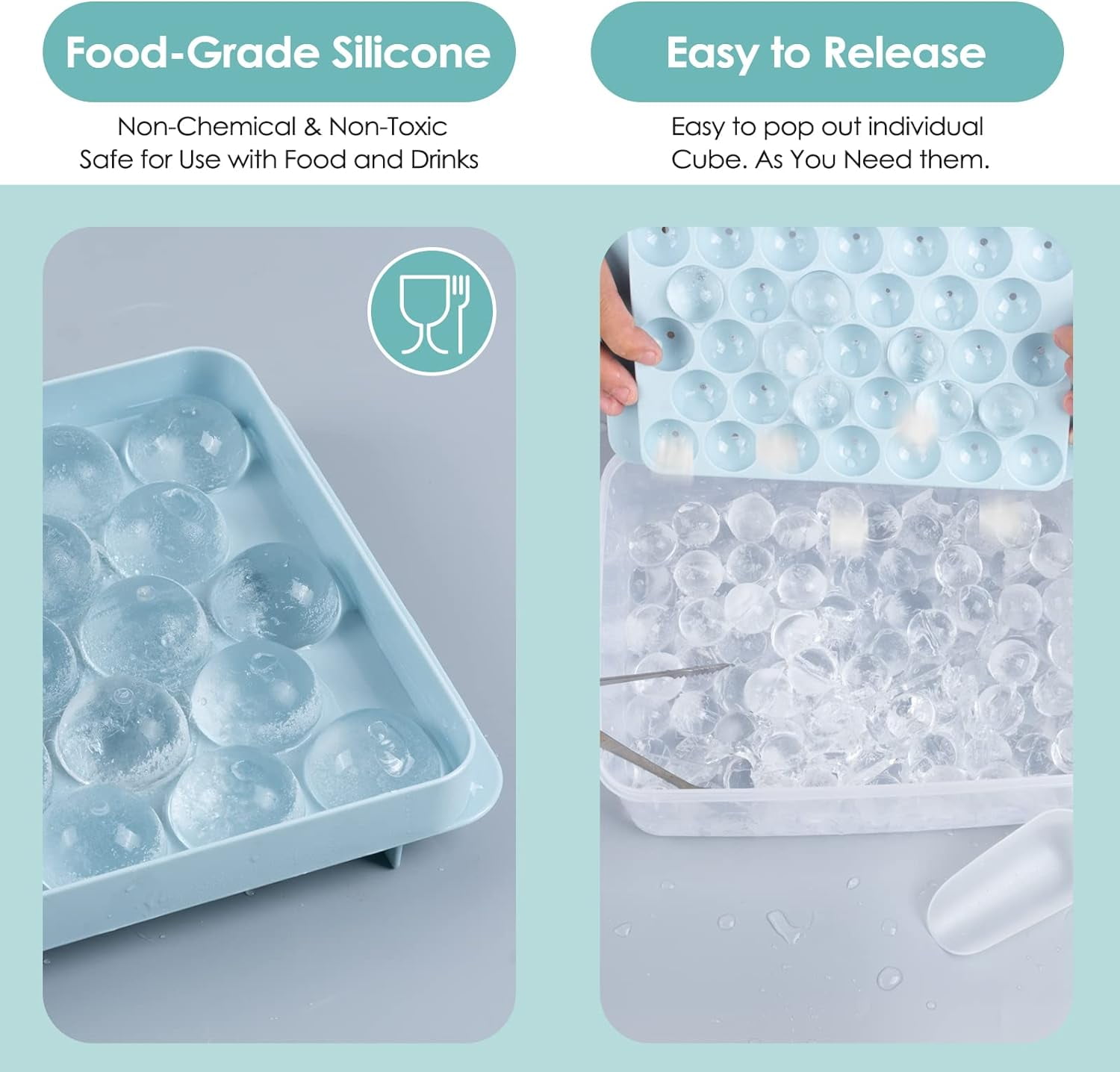 Ice Cube Tray with Lid and Bin 99 Circle Ice Cube Molds with Scoop Round Ice Trays for Freezer and Easy Release Ice Box Container for Whiskey Beer (3 Blue Tray, 1 Scoop & Tong)