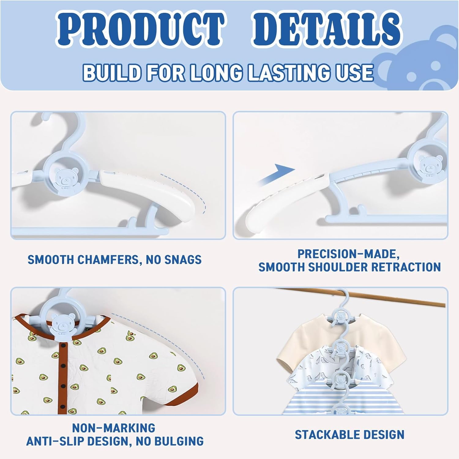 Kids Hangers 11"-14" Adjustable Plastic Baby Boy Hangers 20 Pack, Toddler Bear Hanger for Children's Clothes Sweaters, Infant Hangar for Closet with Non-Slip Shoulder Grooves & Pants Bar, Blue