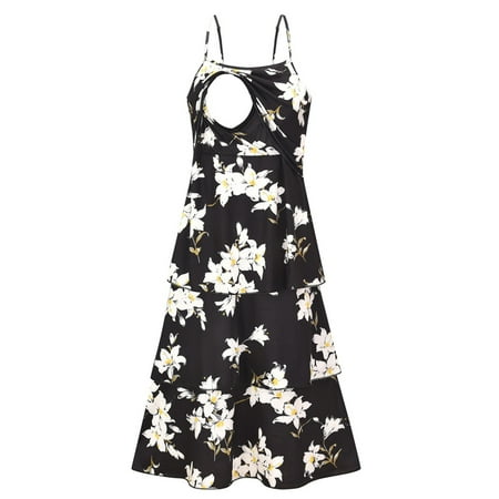 

Women Maternity Summer Sleeveless Floral Print Dress Pregnancy Casual Straps Ruffle Sundress For Breastfeeding