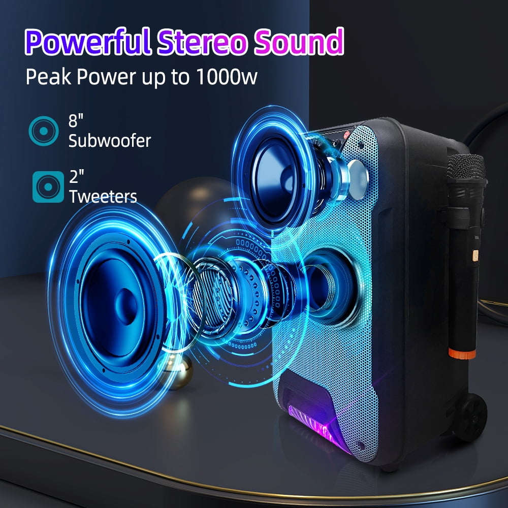8" Subwoofer PA System Bluetooth Speaker - Portable Trolley, Wireless Voice Changer Mic, Party LED Lights, TWS, 4-5H Battery, for Karaoke/Parties/Lectures/Indoor/Outdoor