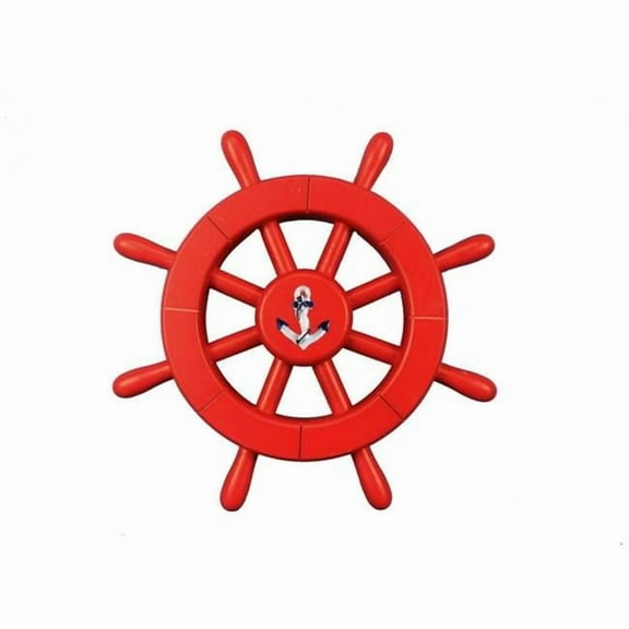 Handcrafted Decor New-Red-SW-12-Anchor Red Decorative Ship Wheel with Anchor- 12 in.
