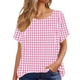 thumbnail image 5 of Women's Gingham Print Tops Crew Neck Short Sleeve Linen T-Shirt Breathable Summer Top for Going Out Vacation Pink 3XL, 5 of 6