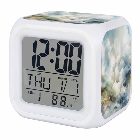 Blue White Ombre Digital Alarm Clock for Bedrooms,Smart LED Alarm Clock with 7 Color Night Light,Watercolor Cloud Geometric Abstract Art Silent Wake Up Clocks for Sleep Study Cooking 3.2"x3.2"