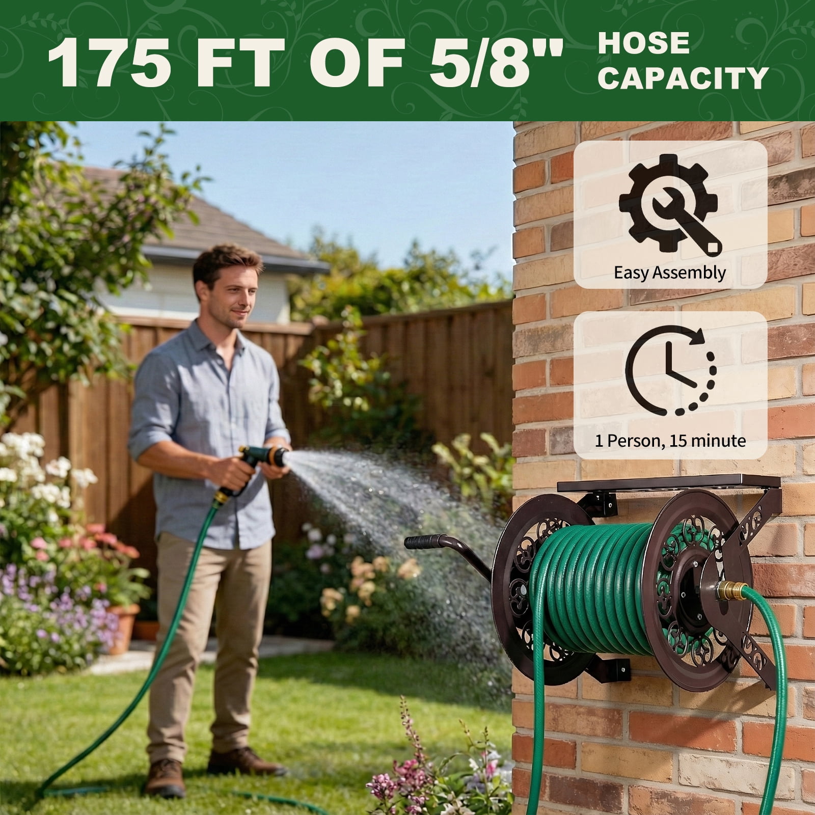 UBesGoo Wall Mount Hose Reel, Iron Garden Hose Holder for Outdoor Storage with Retro Brown Finish