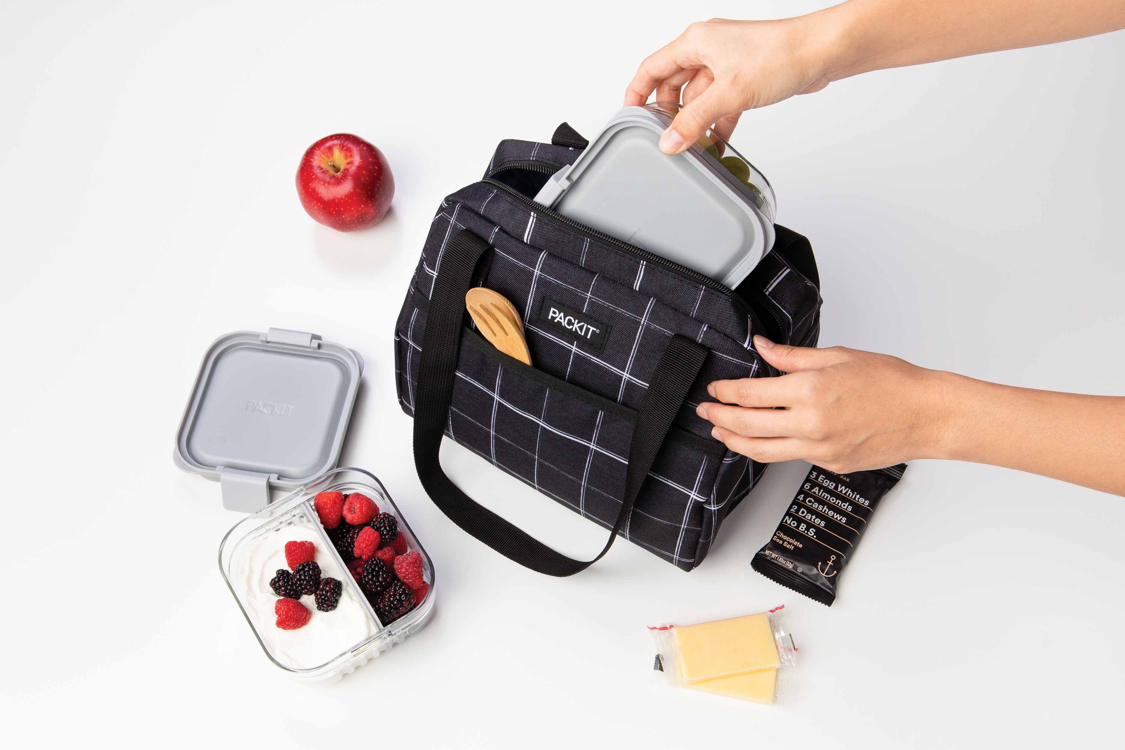 PackIt Freezable Hampton Lunch Bag, Black Grid, built with Shoulder Straps and Zipper Closure