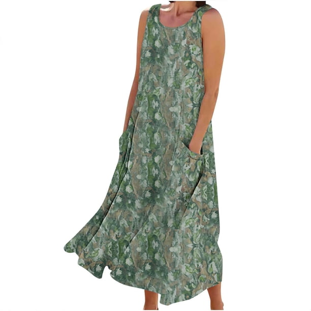 Vestido de Verano para las Mujeres sin Mangas Lino-Look Impreso Maxi, Suelto Fluido Y Vestido Sexy de Moda para las Mujeres
