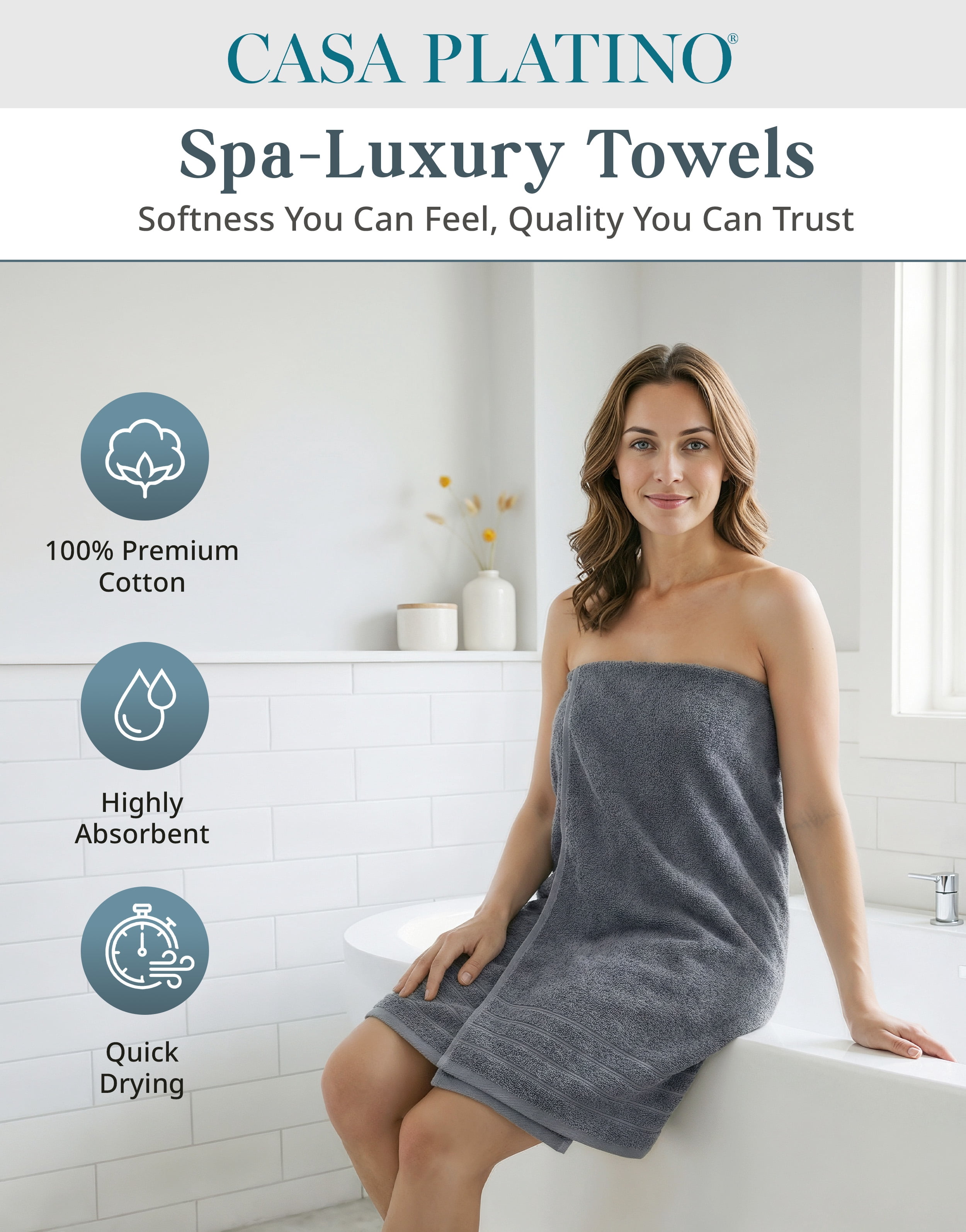 Casa Platino 100% Ring-Spun Cotton Towels Pack of 24 – 2 Bath Sheets, 2 Gym Towel, 2 Bath, 4 Fingertip, 6 Hand, 8 Washcloths, Ideal for Family & Airbnb, Easy Care – Cool Grey