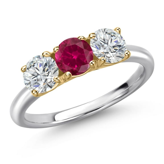 Gem Stone King 925 Silver and 10K Yellow Gold Red Created Ruby and Lab Grown Diamond Engagement Ring for Women | 1.60 Cttw | Round 5MM | Gemstone July Birthstone | Size 5