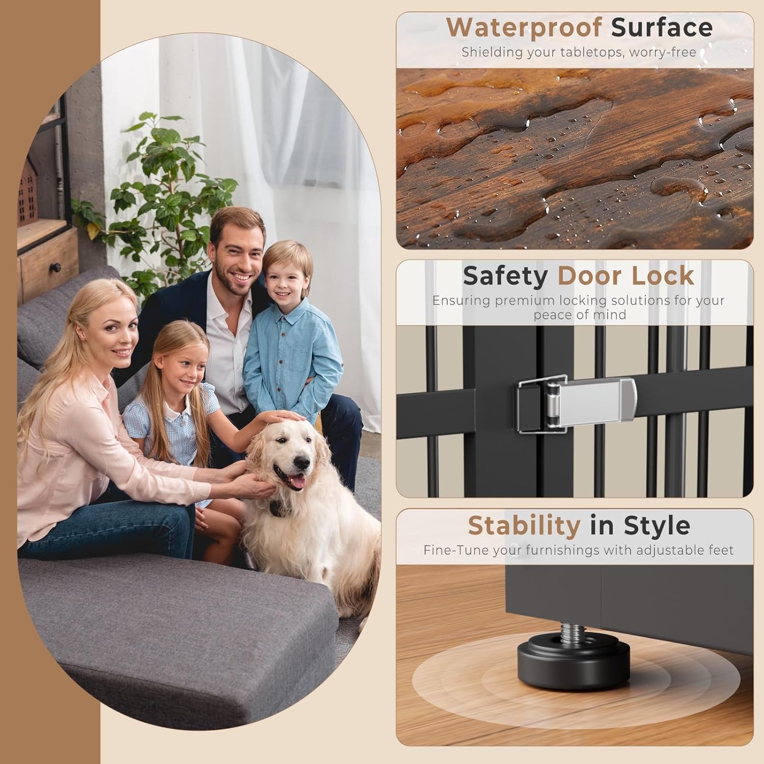 48'' XXL Pet Dog Crate Furniture with 3 Doors,Wooden Crate End Table Heavy Duty Indoor Combination Cage for Medium to Large Dogs, Multiple Units Can be Combined
