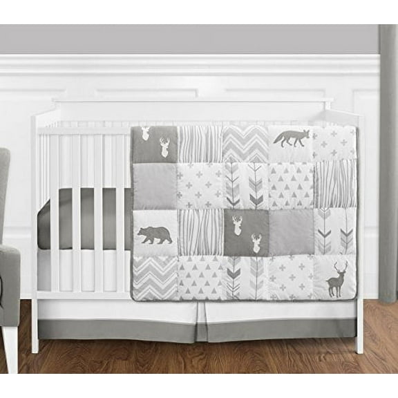 Sweet Jojo Designs Woodsy Grey and White 4 Piece Crib Bedding Set
