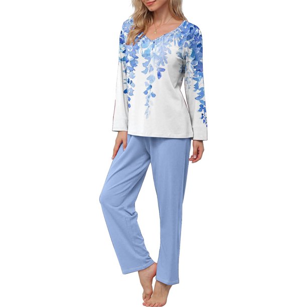 Puntoco Mujer Otoño Moda Casual Impreso Con Cuello En V Manga Larga + Pantalones Traje Azul Cielo Xl