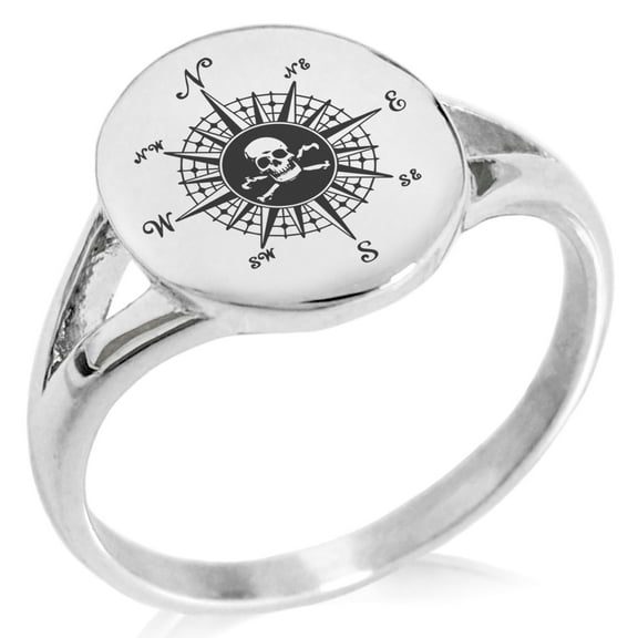 Stainless Steel Pirate Skull Compass Minimalist Oval Top Polished Statement Signet Ring