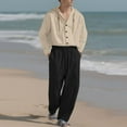 thumbnail image 2 of Paiyanr Cotton Linen Sets for Men Summer Breathable Hooded Shirts Pants 2 Piece Outfits Solid Color Casual Long Sleeve Drawstring Waist Beach Pants Sets, 2 of 9