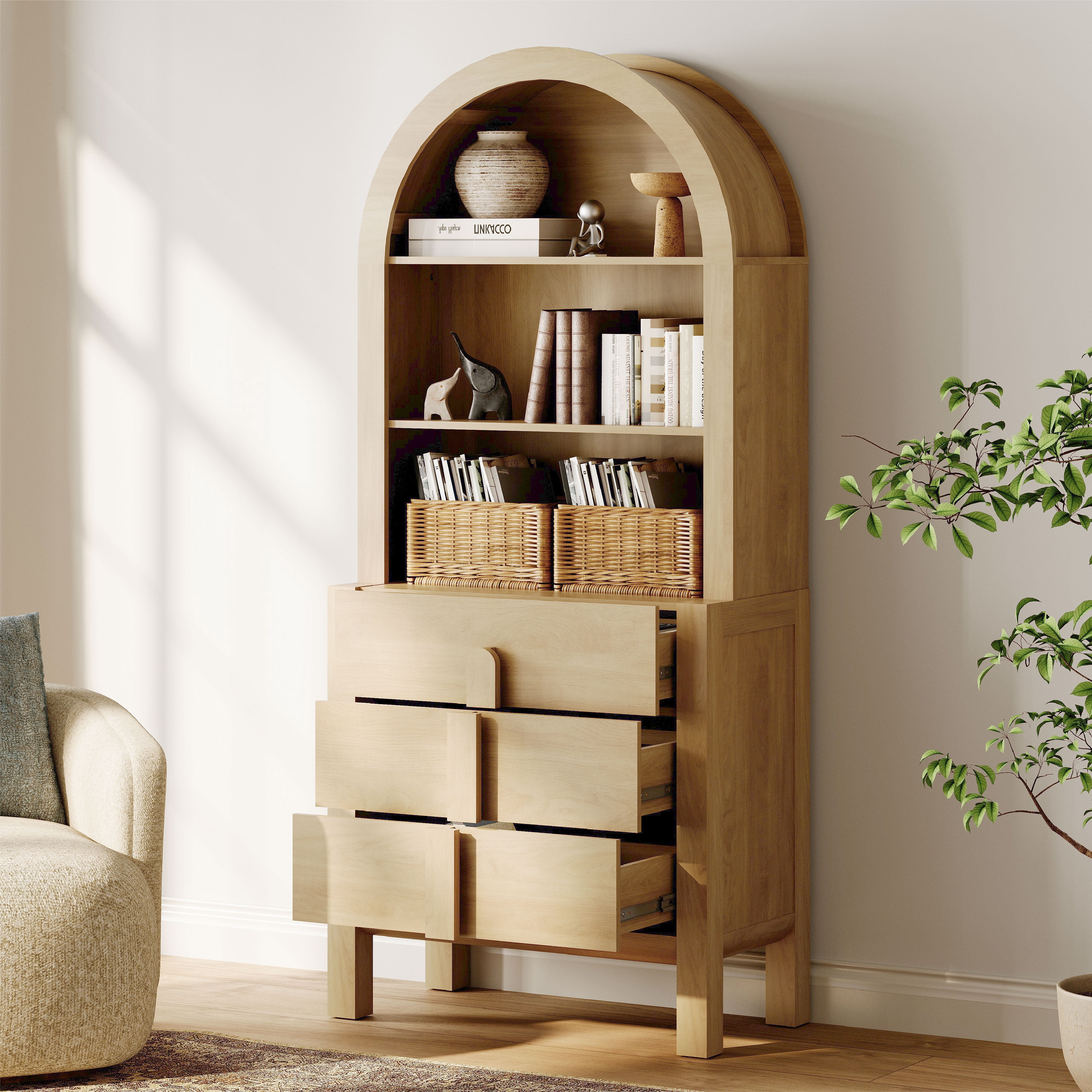 Home Office Set, 53.5" Modern Executive Desk with Charging Station and Drawers & 2 Piece 71"H Tall 3-Tier Arched Bookcases with Open Storage for Living Room, Bedroom, Home Office