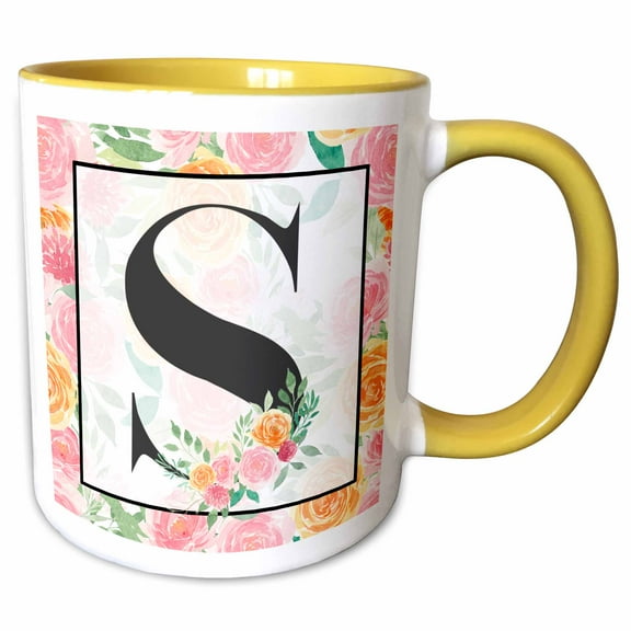 3drose, Pretty Pink Floral Monogram Initial S, 11oz Two-tone Yellow Mug