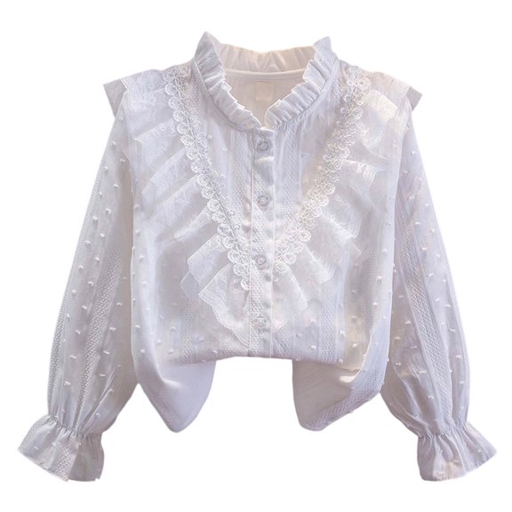 Mnyotv Lace Ruffle T Shirts for Girls Long Sleeve School Uniform Button Down Shirt Long Sleeve Kids Outfits Size 10-11Y