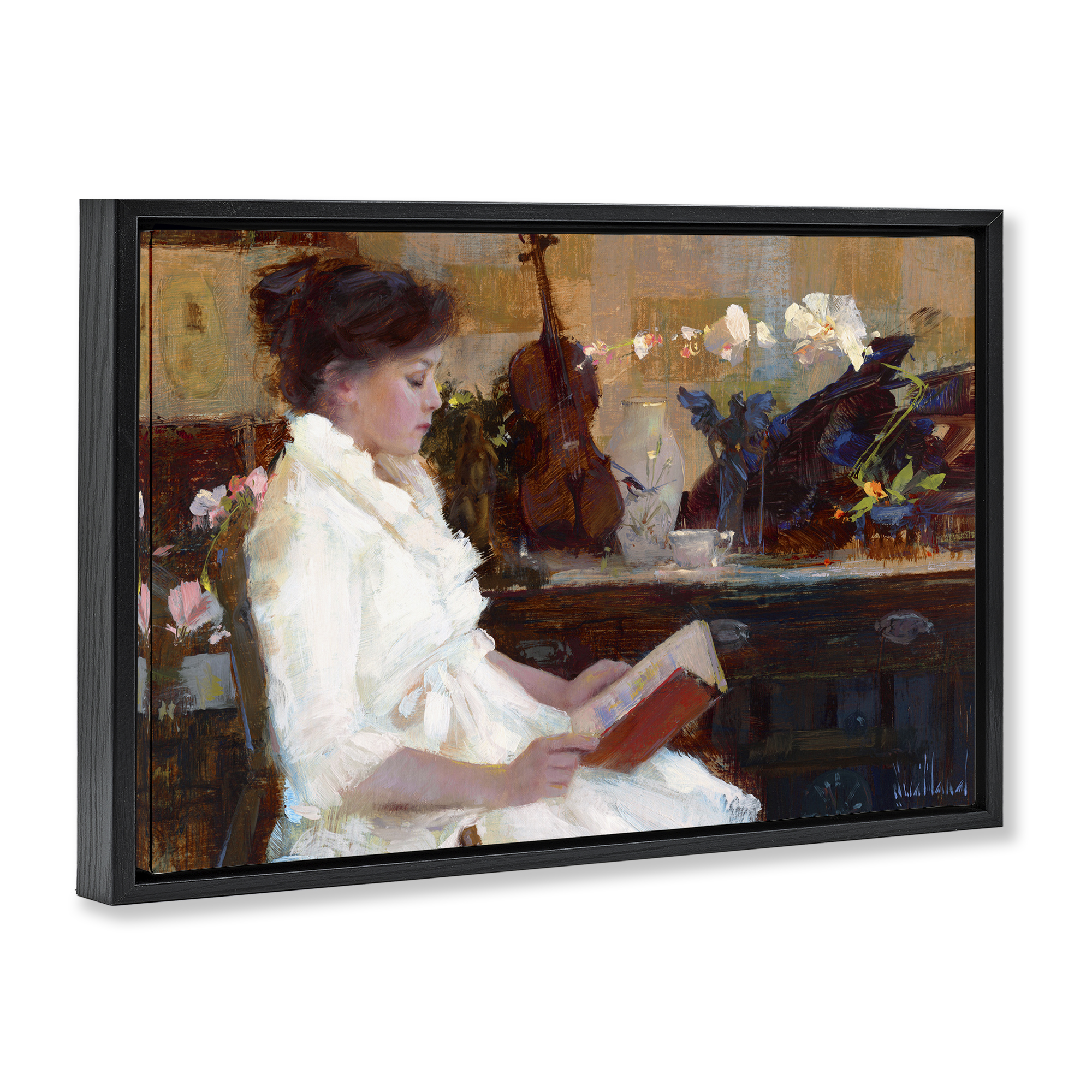 Stupell Industries Classic Girl Reading Novelty Painting Black Floater Framed Art Print Wall Art, 31 x 21