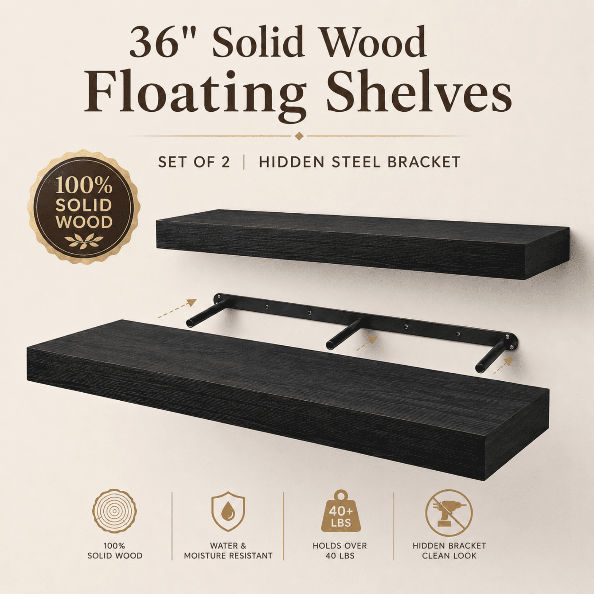 MEHOOM 36" Rustic Solid Wood Floating Shelves for Wall Set of 2, Black Book Shelves,Wall Shelves for Bathroom,Bedroom,Living Room,Kitchen,Study Room, Kids Room, Farmhouse Decor