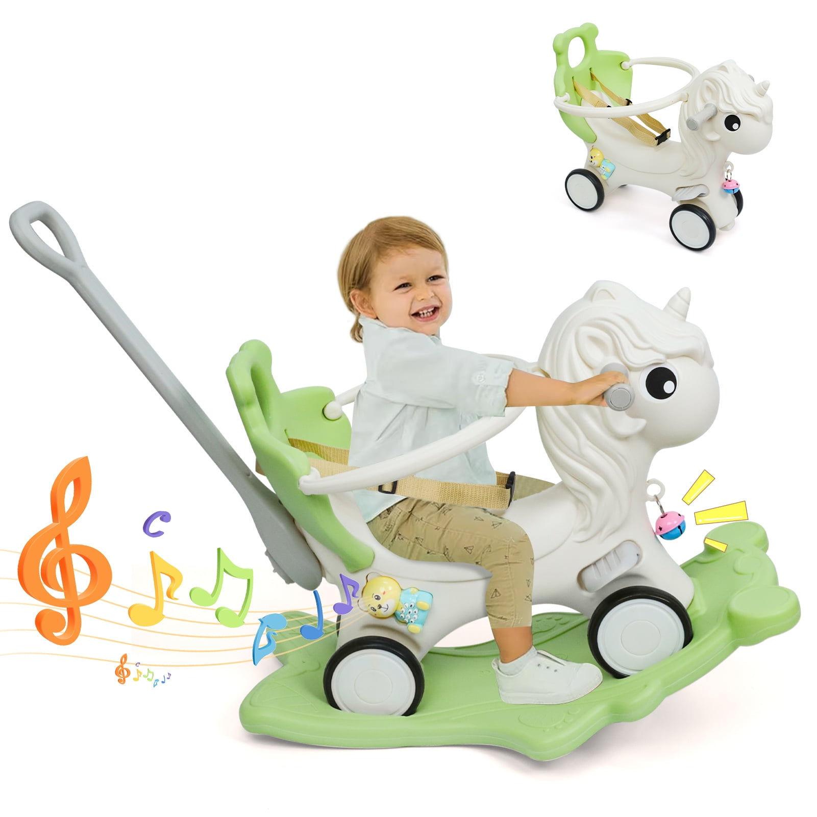 Wdmiya 4 in 1 Rocking Horse for Toddlers 1-3 Years Old, Baby Unicorn Rocking Toy Birthday Gift for Boy and Girl, Ride on Toy with Detachable Balance Board，Balance Bike with Push Handle, Green